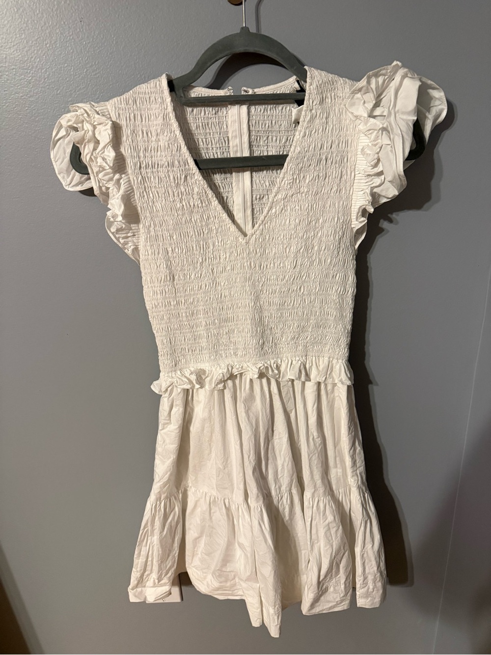 Sea New York White Smocked V-Neck Ruffle Mini Dress